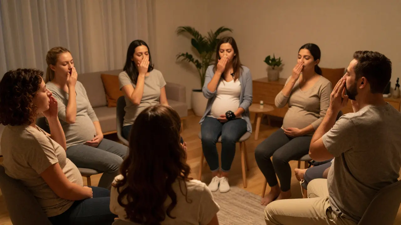 Expectant parents attending a prenatal breathing class in a cozy room