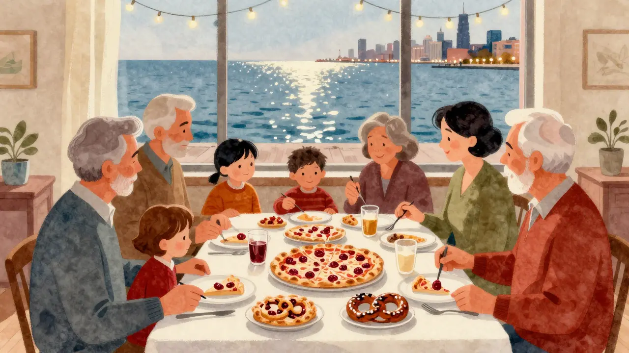 Family sharing a holiday meal with a view of the lit-up lakefront