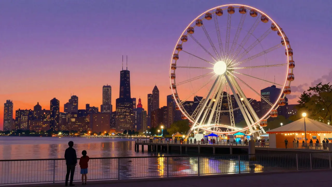 Family viewing the illuminated Ferris wheel at Navy Pier during sunset