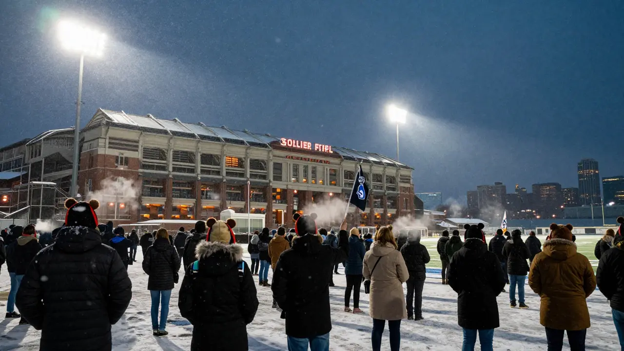 Fans in winter gear watching a football game at Soldier Field