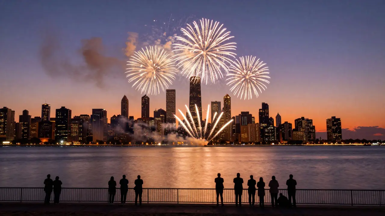 Fireworks exploding over Chicago skyline reflected in Lake Michigan at sunset