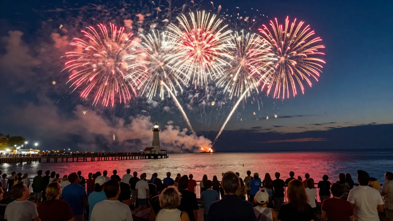Fireworks exploding over the lake as viewed from the end of Navy Pier