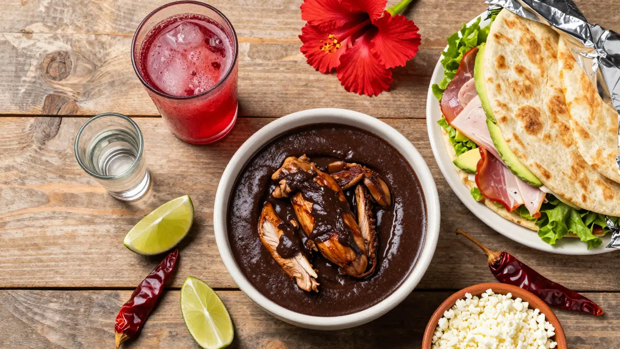 Flat lay of Oaxacan mole, Sonoran torta, and Mexican drinks on a wooden table