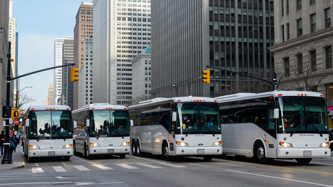 Fleet of charter buses parked on a busy Chicago street