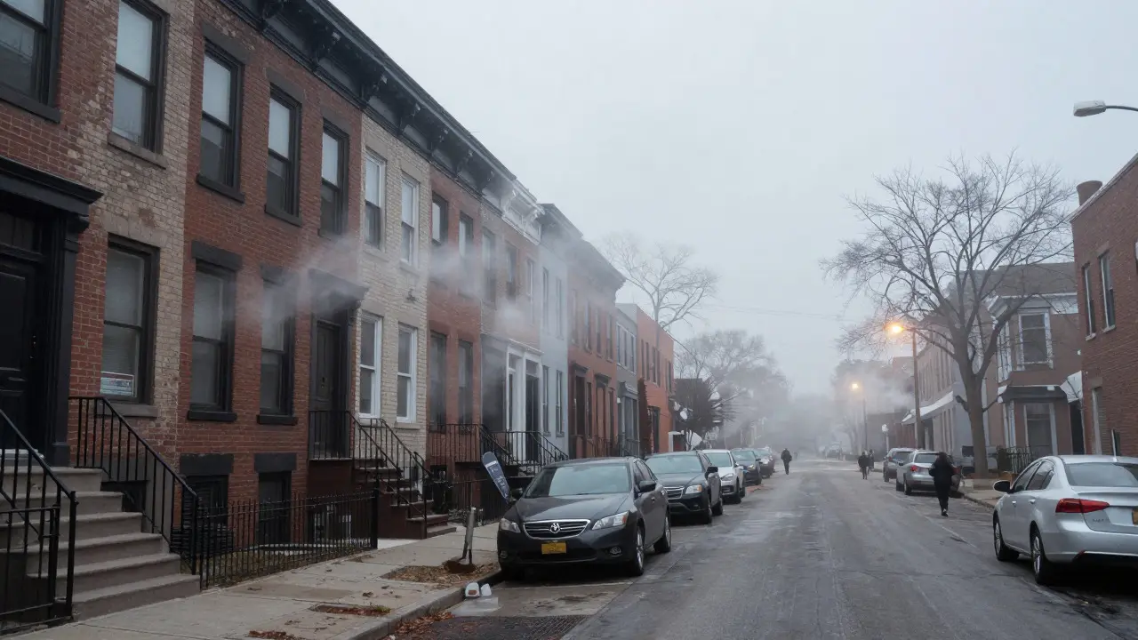 Foggy morning view of a quiet residential street with historic buildings and steam in South Loop