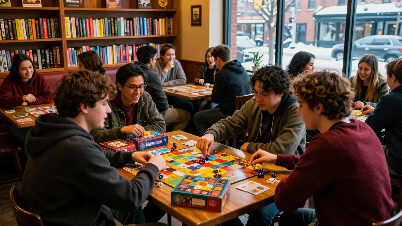 Friends playing board games in a warm, sunlit cafe