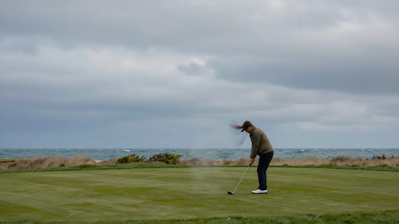 Golfer bracing against strong lake-effect winds on a Chicago golf course