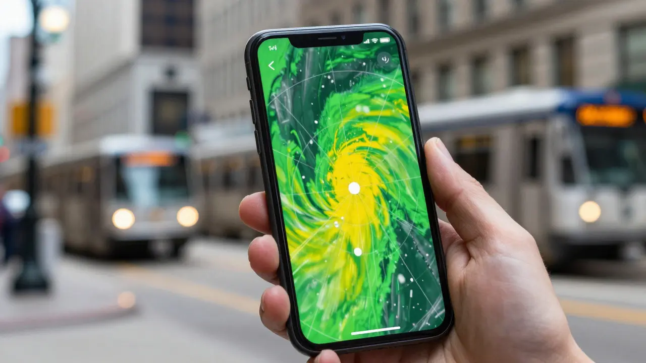 Hand holding phone displaying weather radar map against city street background