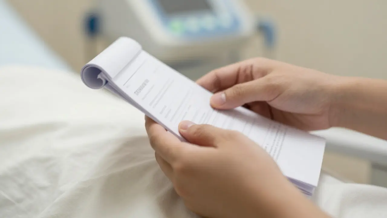 Hands holding a birth plan document in a hospital setting