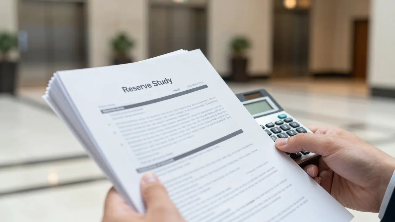 Hands reviewing financial documents and a calculator against a city backdrop