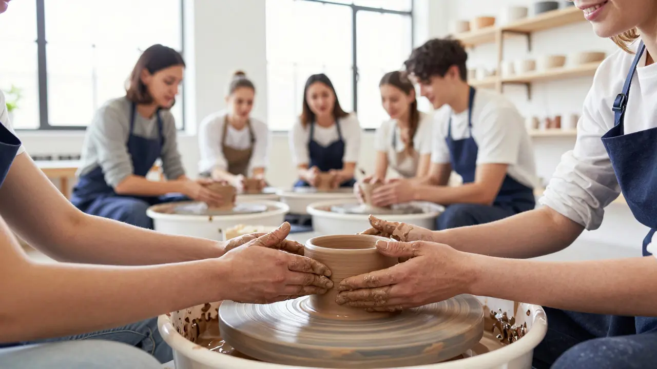 Hands shaping clay on pottery wheels during a group class in a sunny studio