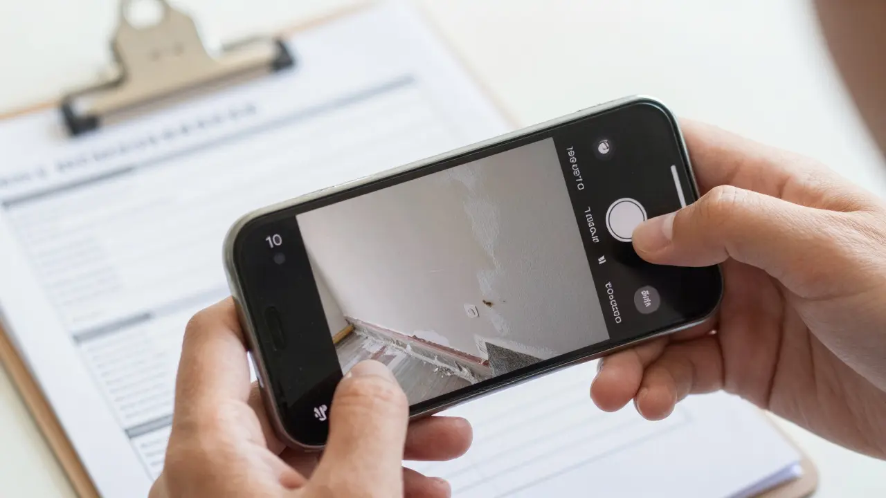 Hands taking photos of wall scuffs and carpet stains with a smartphone