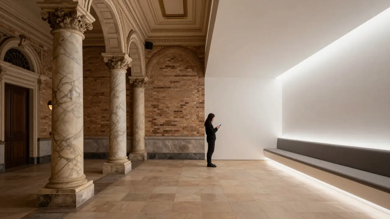 Historic theater lobby blending original architecture with modern lighting
