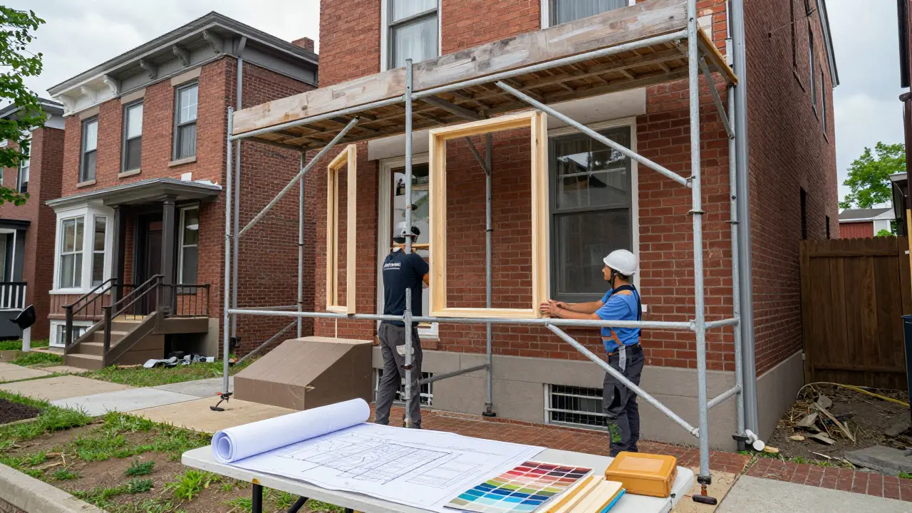 Homeowner installing matching wood windows on a historic brick house during a regulated renovation
