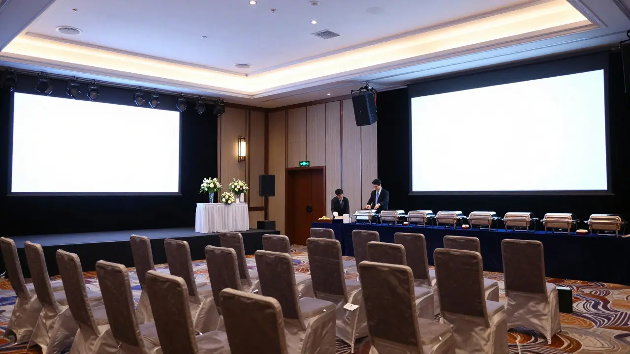Hotel ballroom setup with catering tables and stage lighting