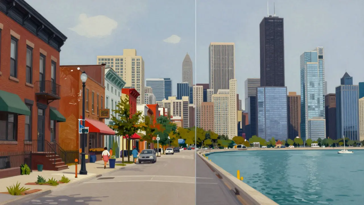 Illustration comparing affordable and premium Chicago neighborhoods