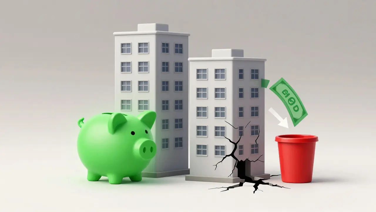 Illustration comparing well-funded and underfunded condo buildings