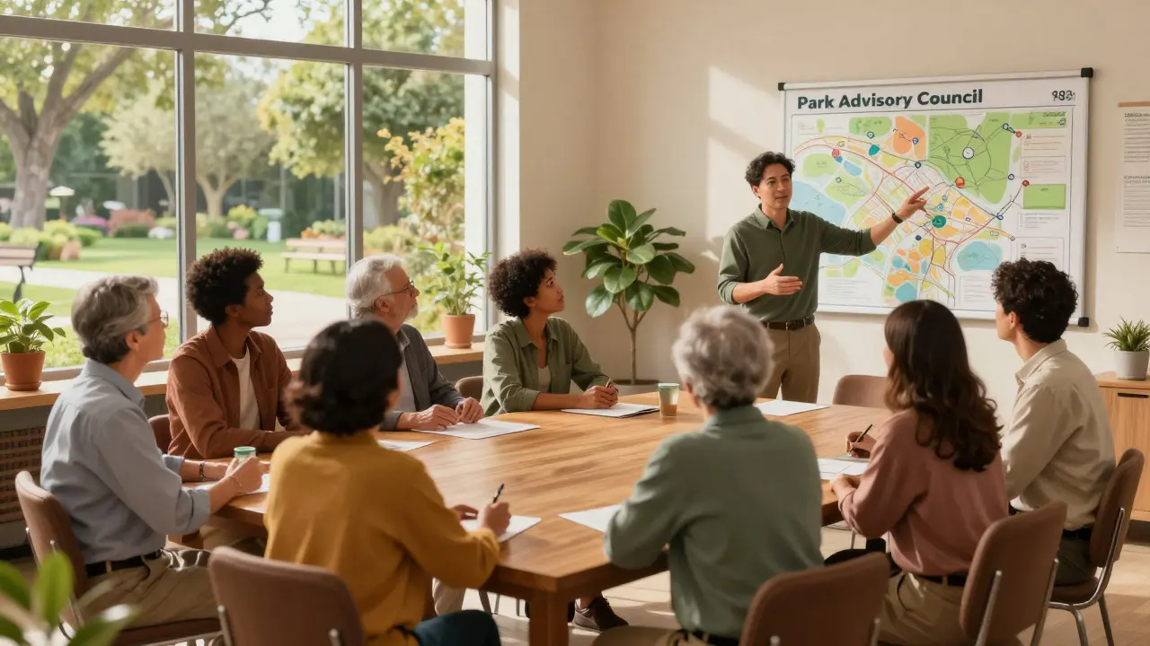 Illustration of a diverse group of residents discussing park plans at a community meeting