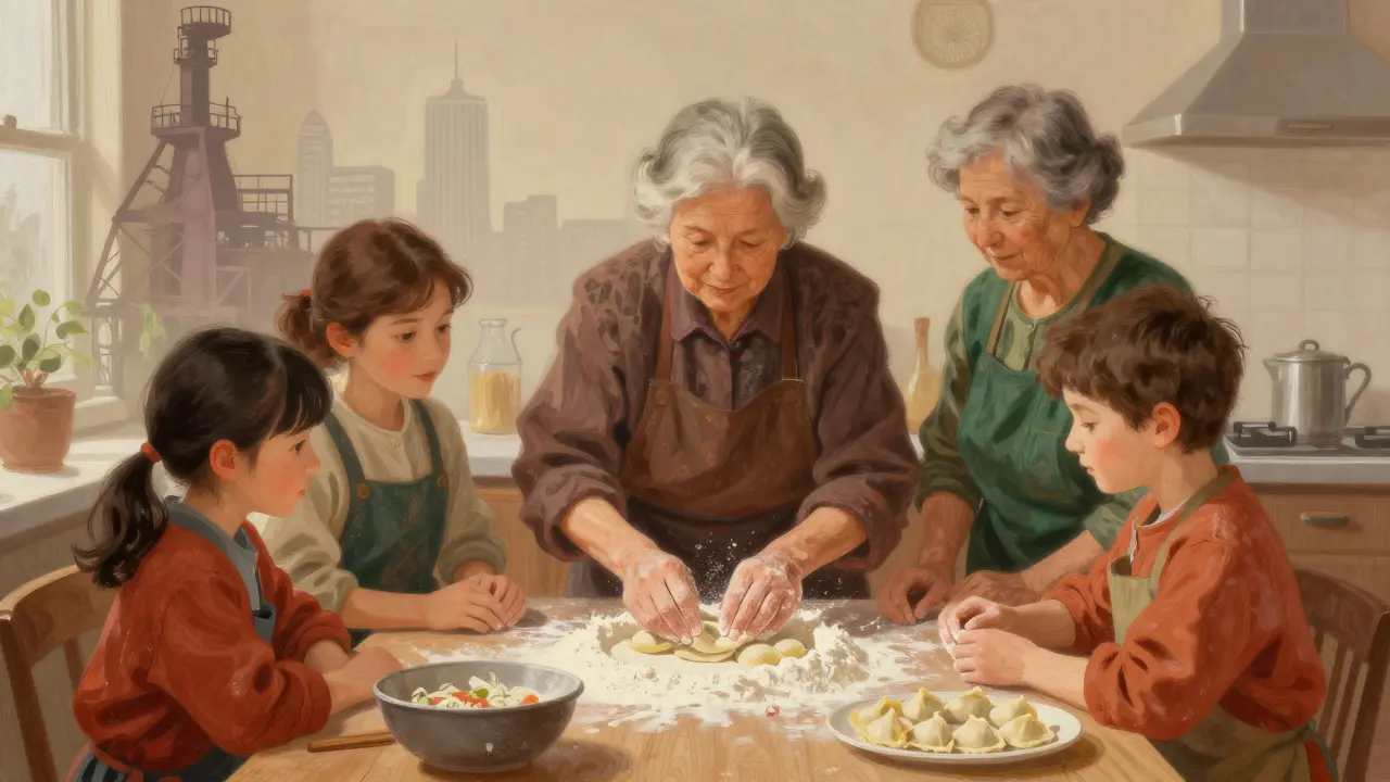 Illustration of a family making pierogi together in a kitchen
