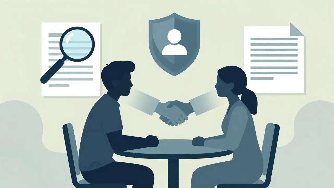 Illustration of a parent and caregiver discussing trust and vetting with abstract safety icons