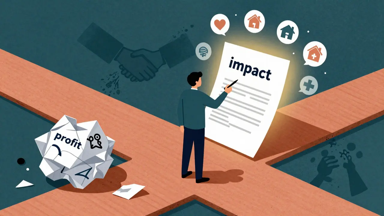 Illustration of a person choosing social impact documents over corporate profit symbols