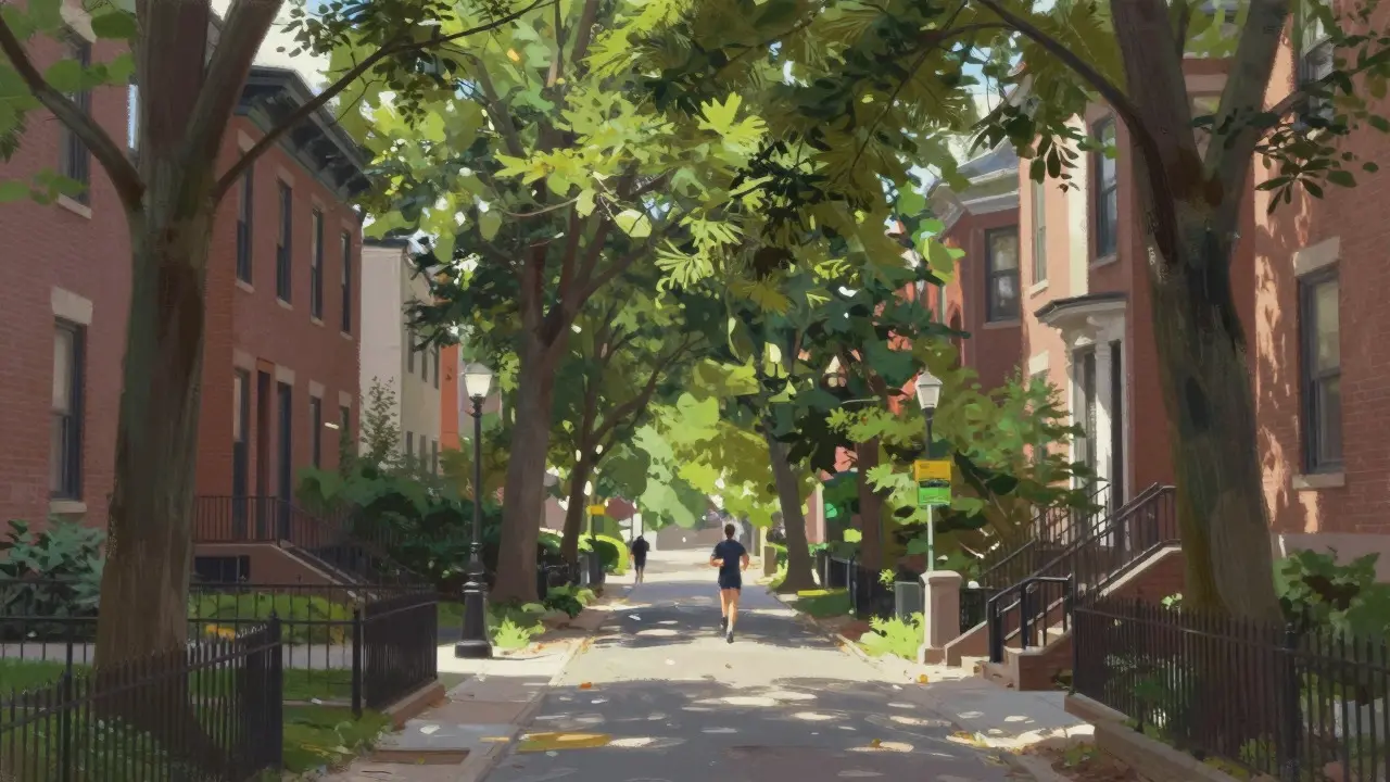 Illustration of a runner on a quiet, tree-lined street in Hyde Park