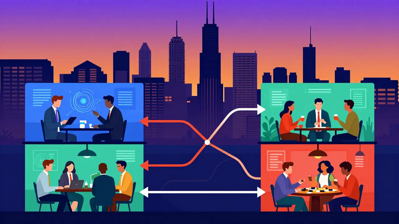 Illustration of Chicago's diverse fantasy sports communities within city buildings