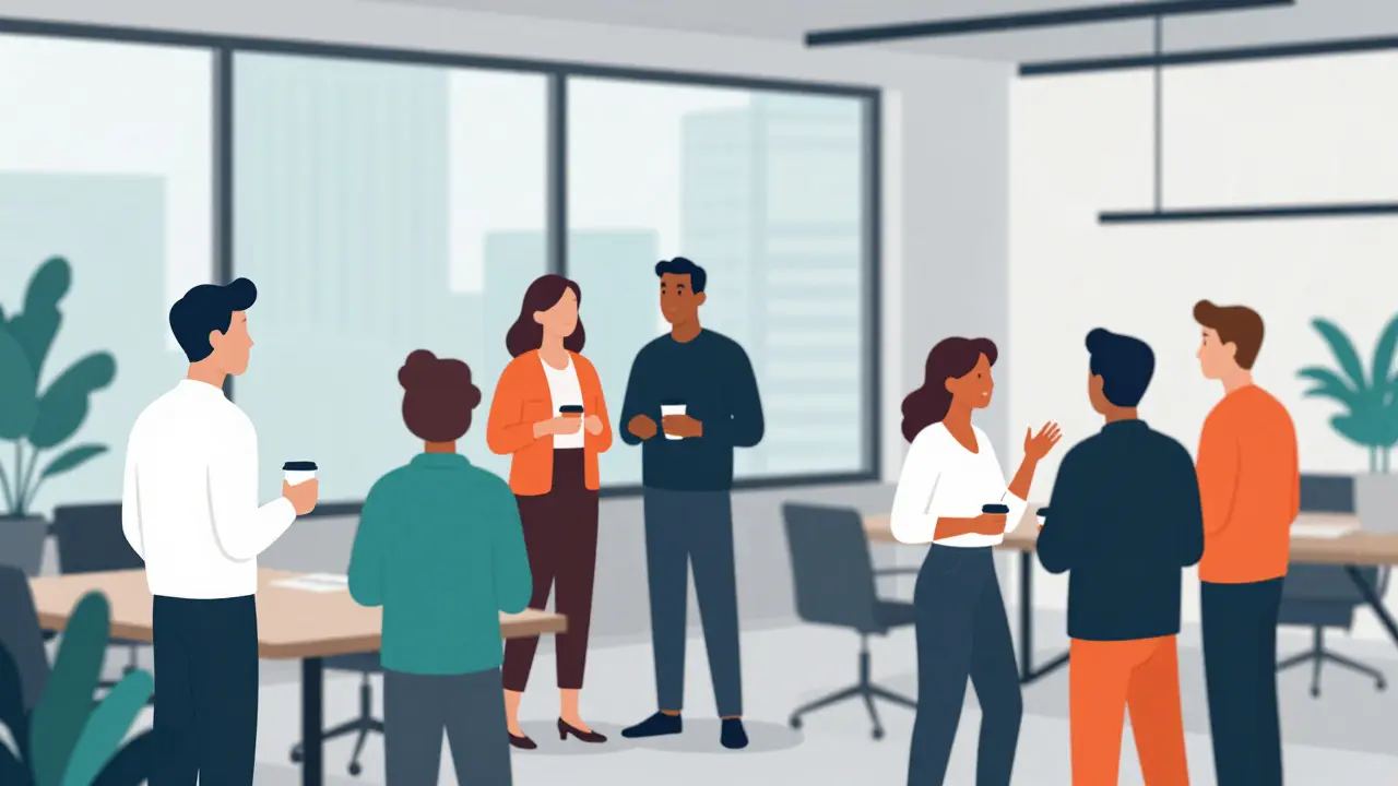 Illustration of tech workers networking in a modern co-working space