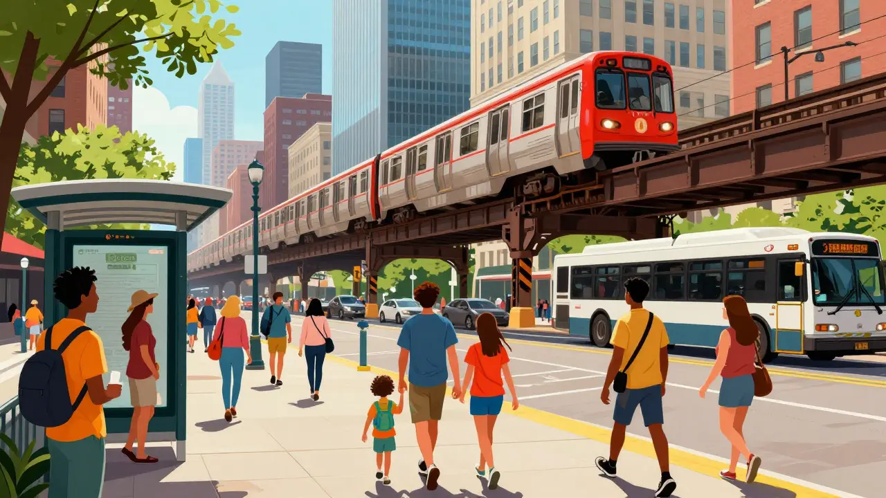 Illustration of tourists using Chicago L trains and buses around the city
