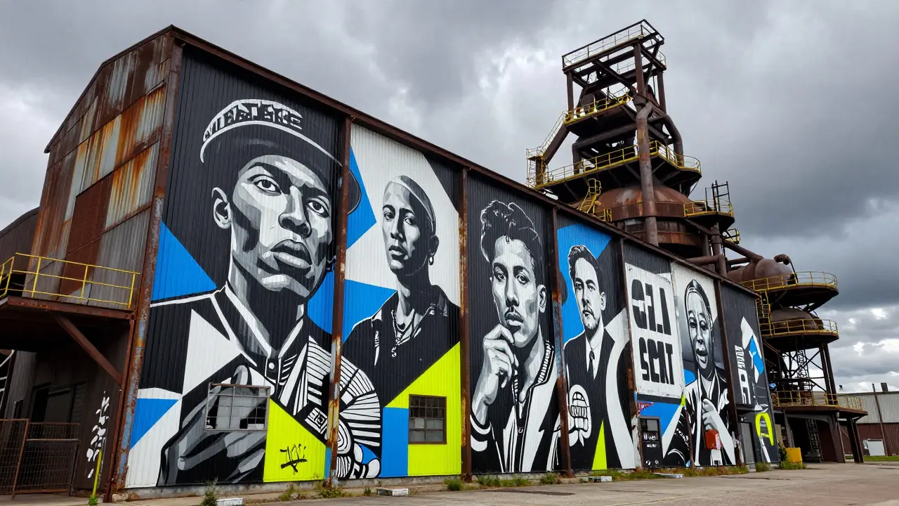 Industrial steel factory exterior covered in bold, high-contrast street art murals under an overcast sky