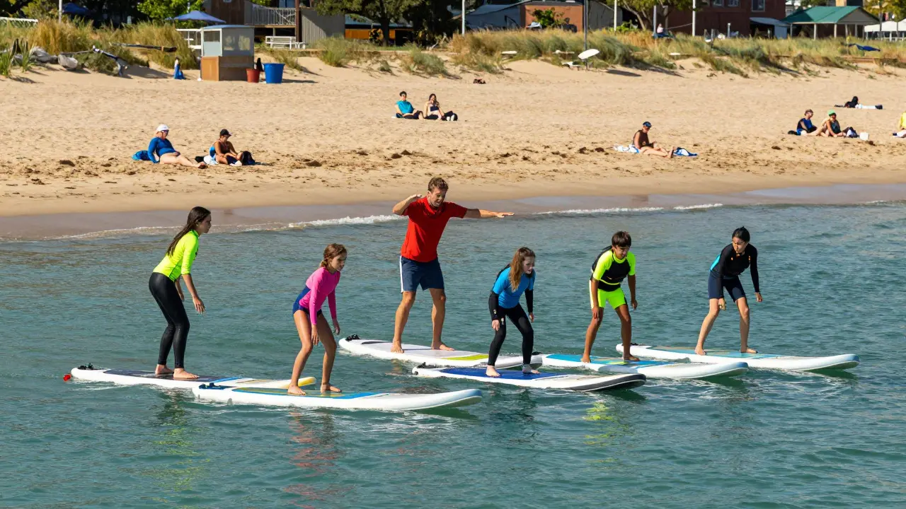 Instructor teaching a small group how to balance on paddleboards at a Chicago beach