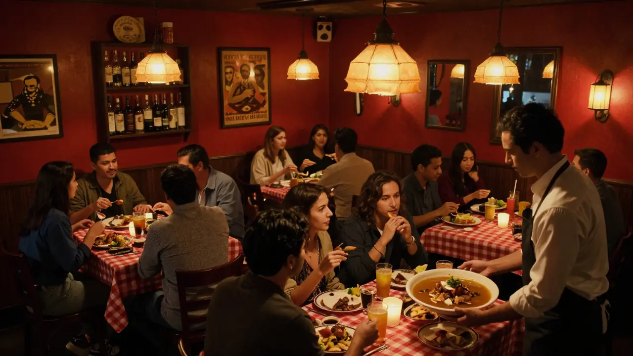 Interior of a lively cantina with diners sharing birria and drinks under warm lights