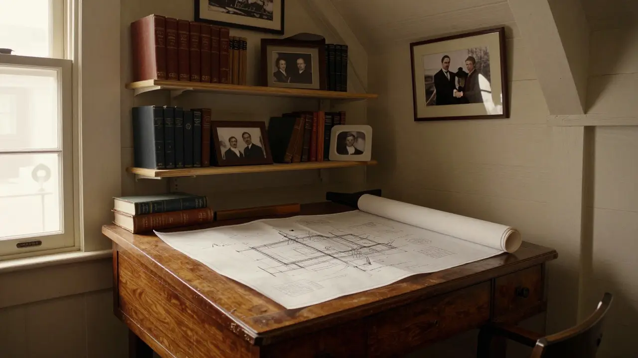Interior view of a drafting table with blueprints in the Wright Home studio