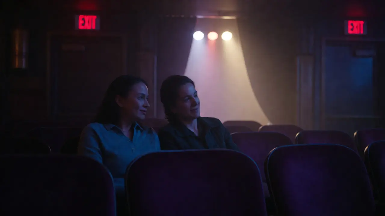 Intimate couple seated in a dimly lit Chicago theater before a performance.