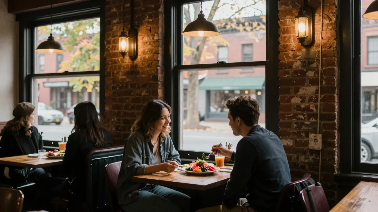 Intimate dinner scene in a cozy brick-walled neighborhood restaurant with natural light