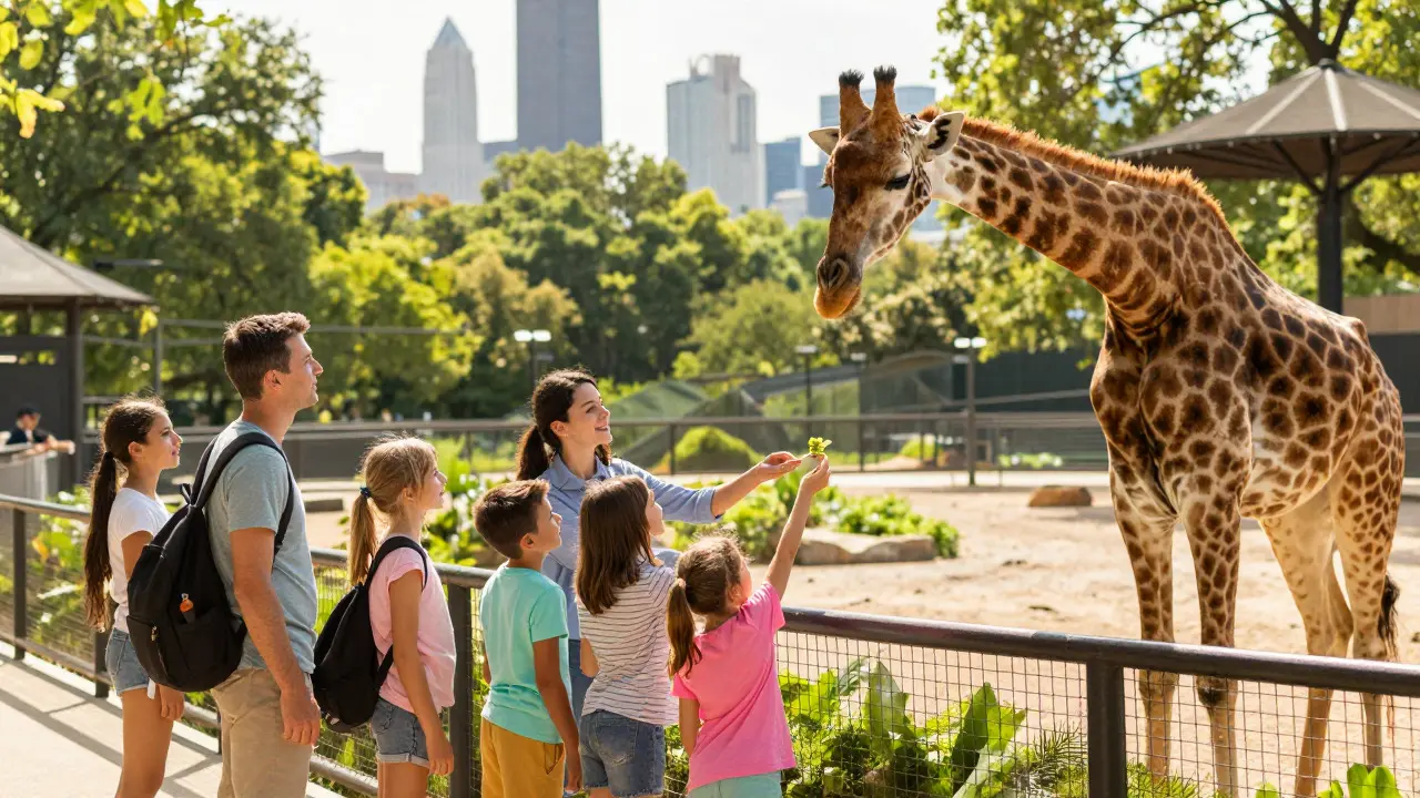 Kids feeding a giraffe at Lincoln Park Zoo with Chicago skyline in background