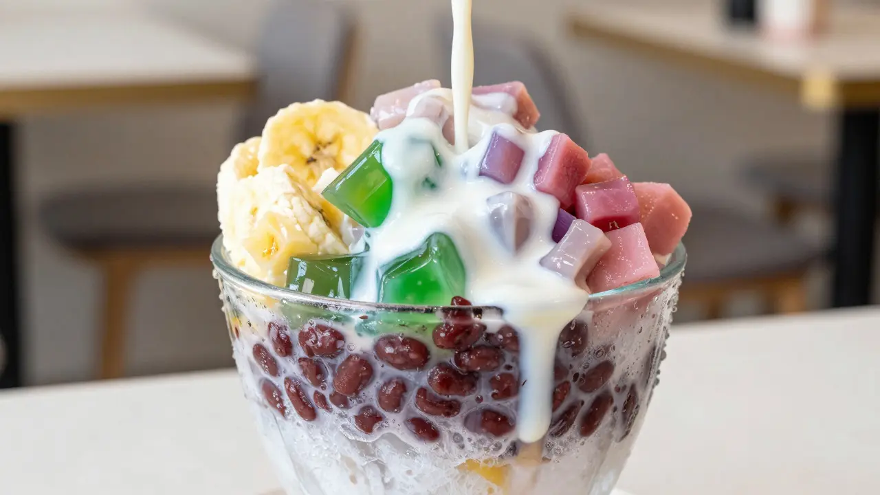 Layered glass of halo-halo dessert topped with evaporated milk