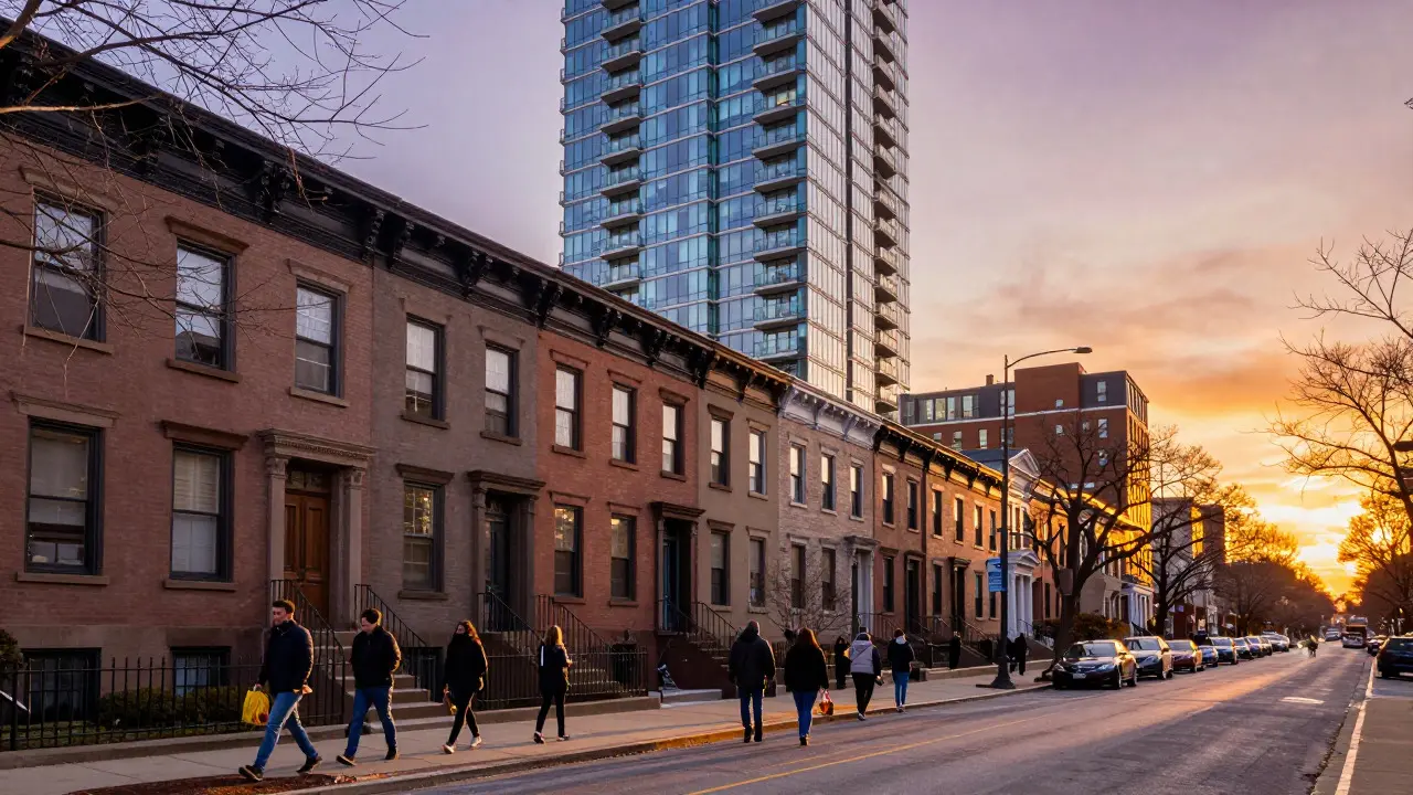Lincoln Park street scene showing historic homes and a modern condo tower in golden light