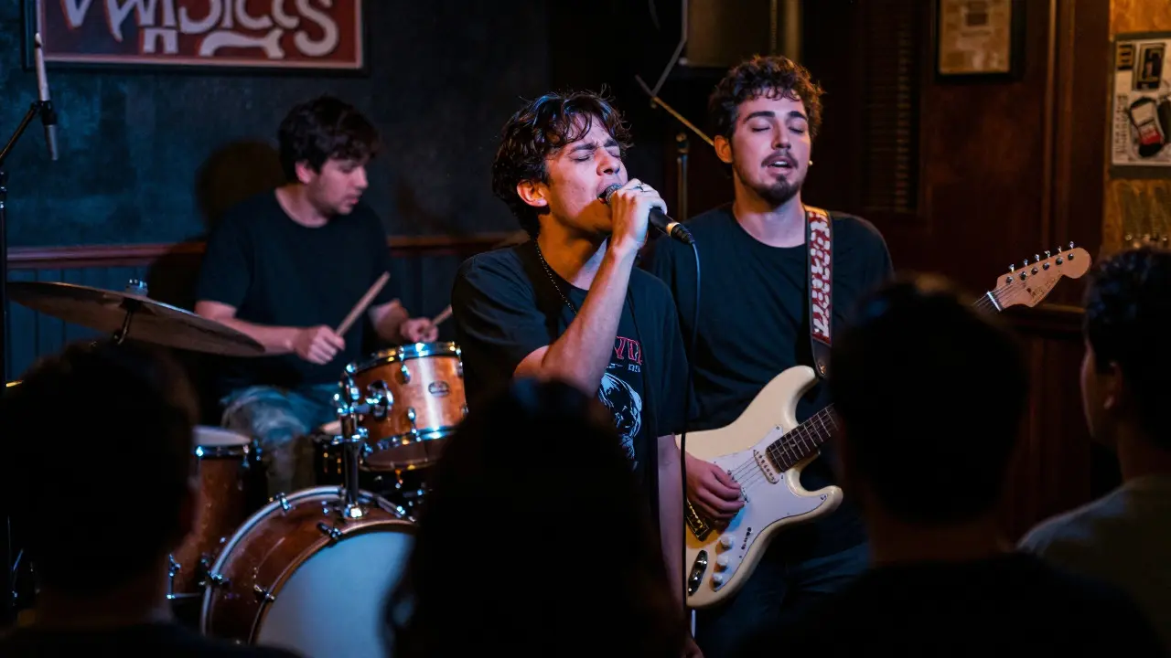 Local band performing energetically on a small stage in a dimly lit bar