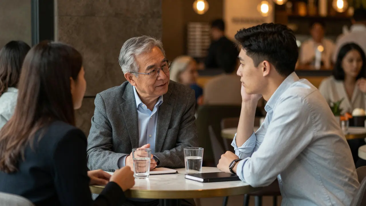 Mentor and mentee having an engaged conversation at a restaurant table