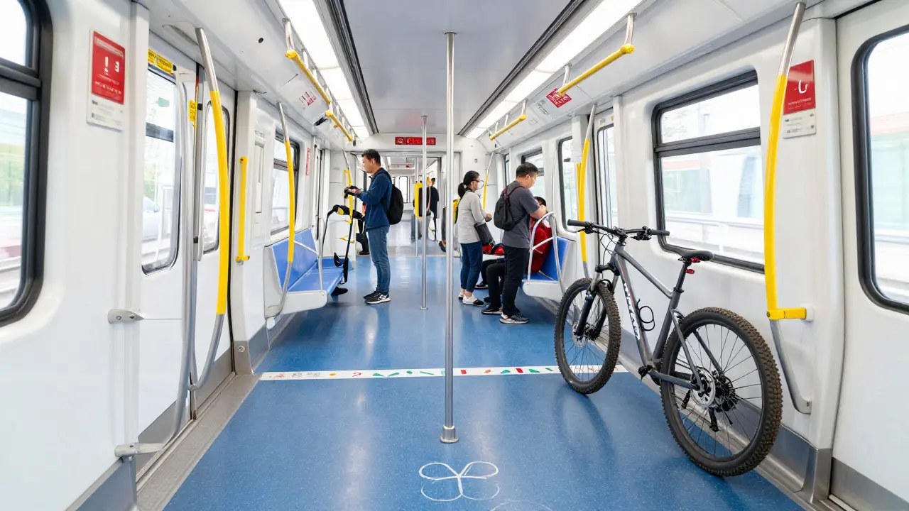 Mountain bike secured in the designated blue zone of a CTA train car