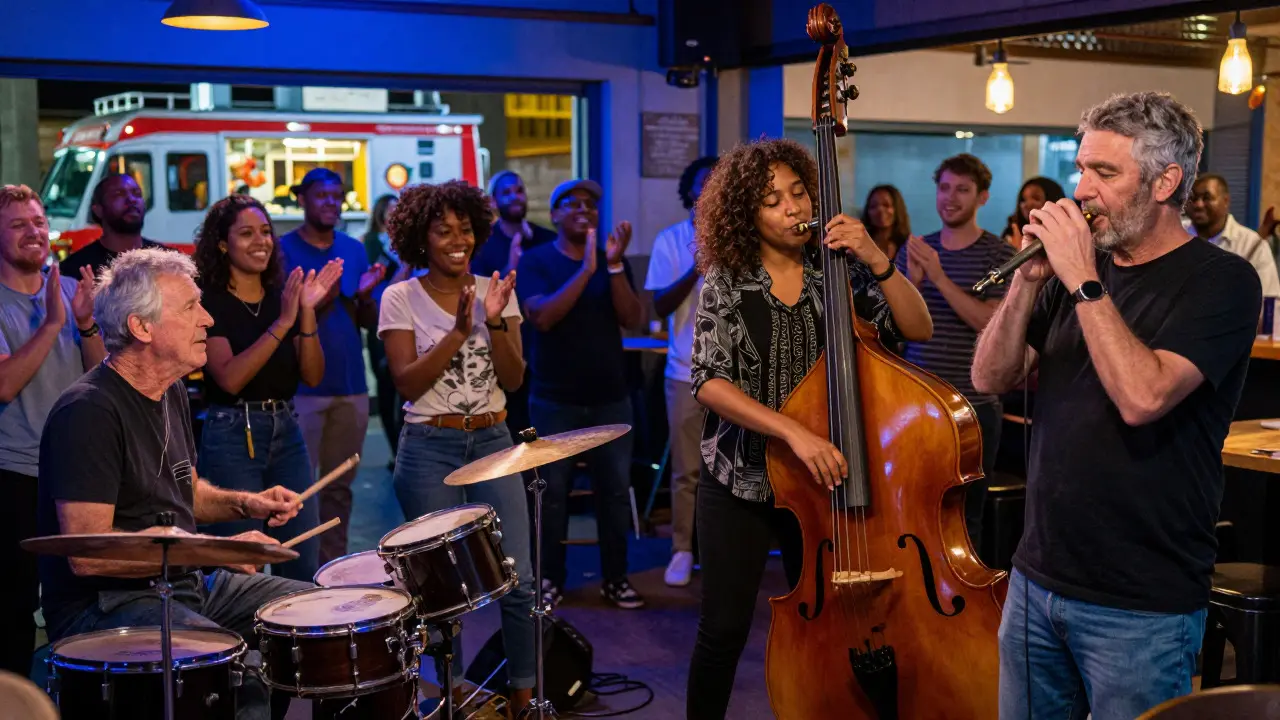 Multi-generational musicians play a lively blues jam session in a modern, well-lit bar
