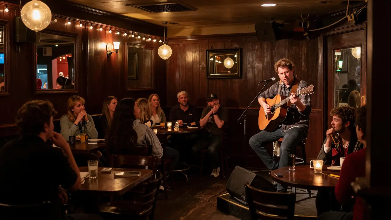 Musician performing country music in a cozy neighborhood bar