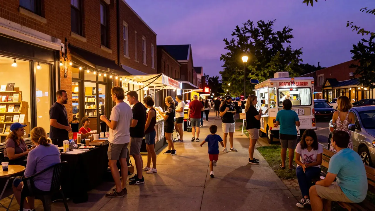 Neighbors gather at a lively evening street fair with food trucks and vendors on North Avenue