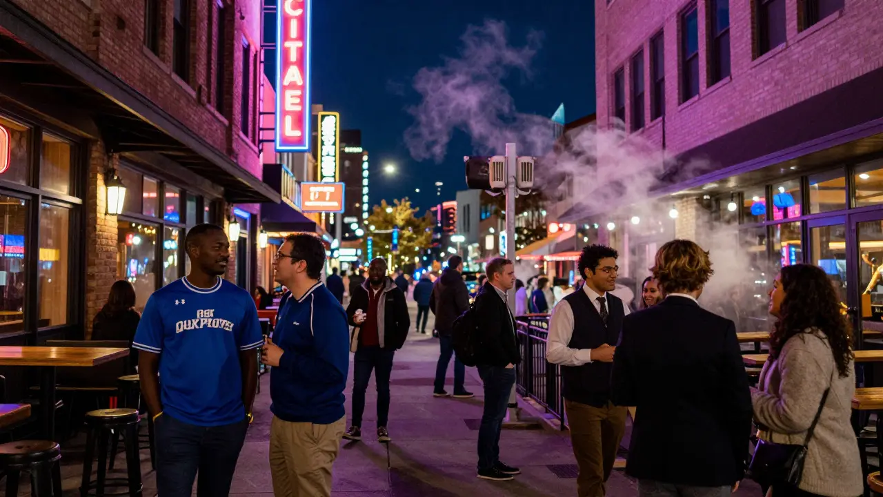 Nighttime street scene with fans socializing outside bars near an arena