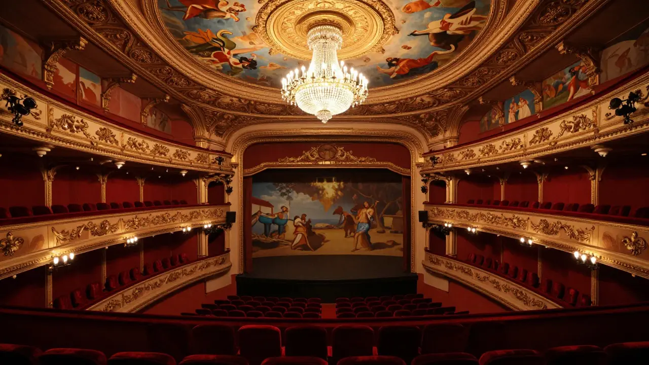 Opulent interior of a historic theater with red velvet seats and gold murals