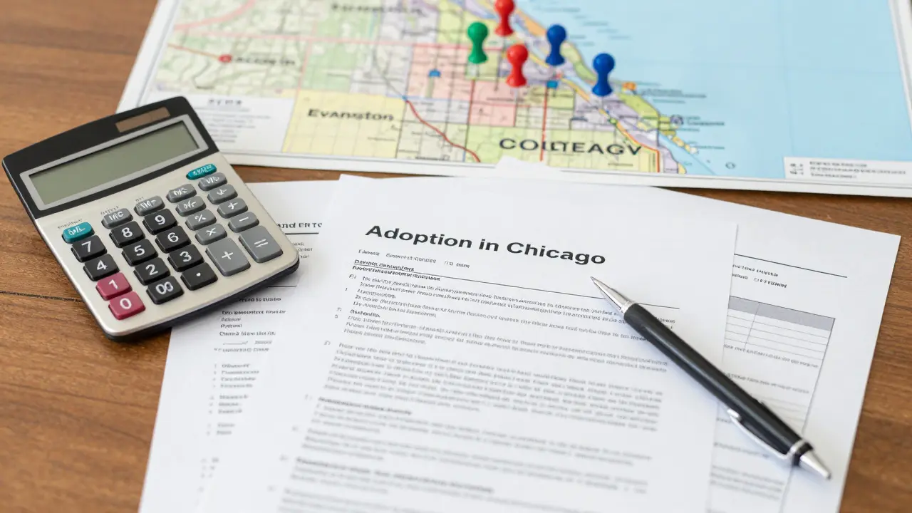 Overhead view of adoption costs, maps, and documents on a desk