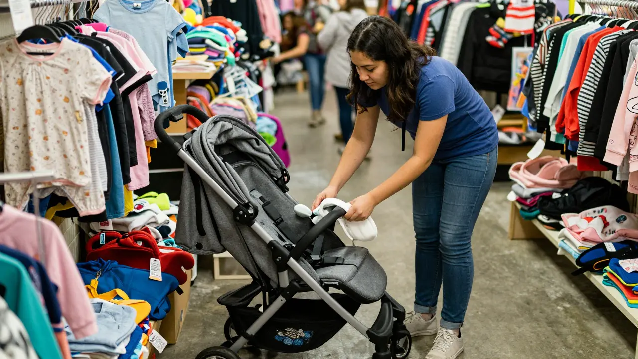 Parent inspecting a used stroller at a busy Pilsen consignment store