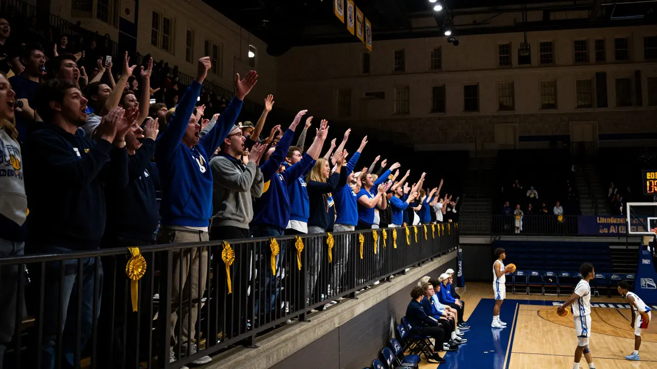 Passionate fans in blue and gold cheering from the stands of a historic basketball court