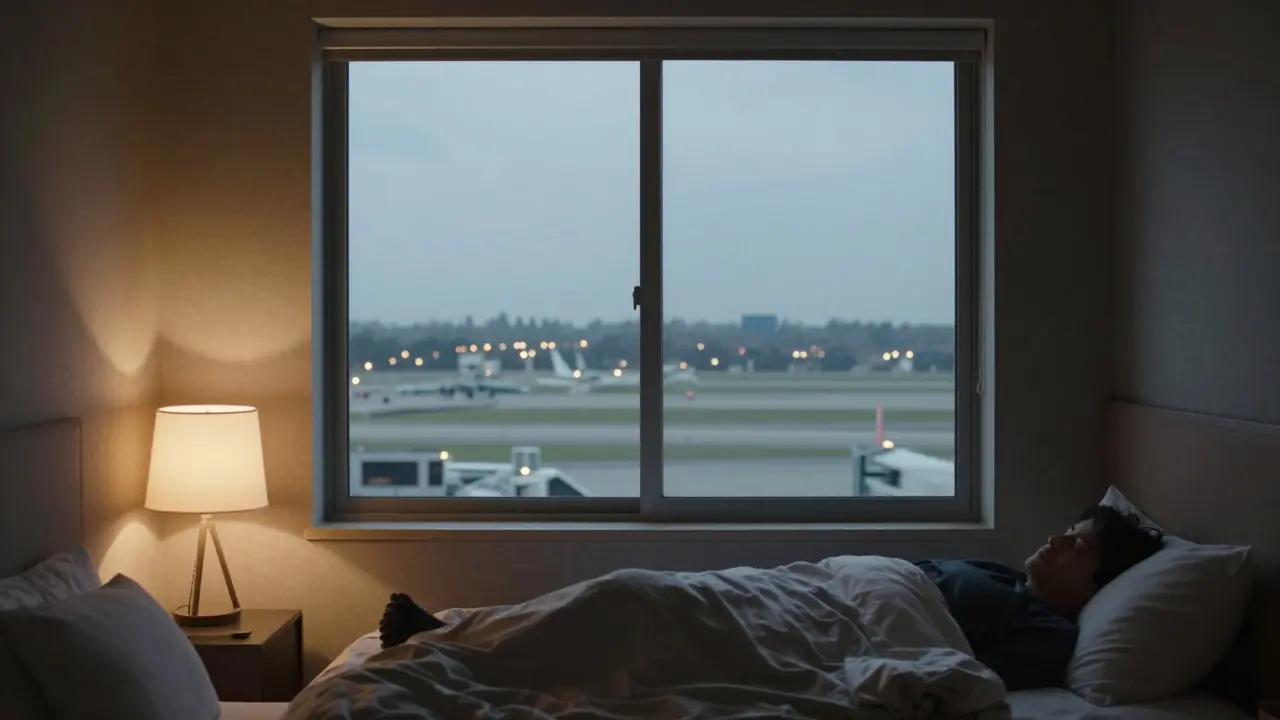 Peaceful bedroom interior with soundproofed windows overlooking city lights and runways